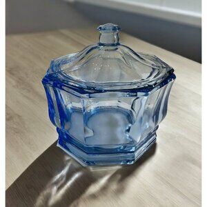 Vintage Blue Depression Glass Hexagonal Candy Dish With Lid